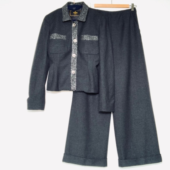 Fendi Wool Graphite Jacket High Rise Wide Leg Pants Suite  Size M - Picture 1 of 11